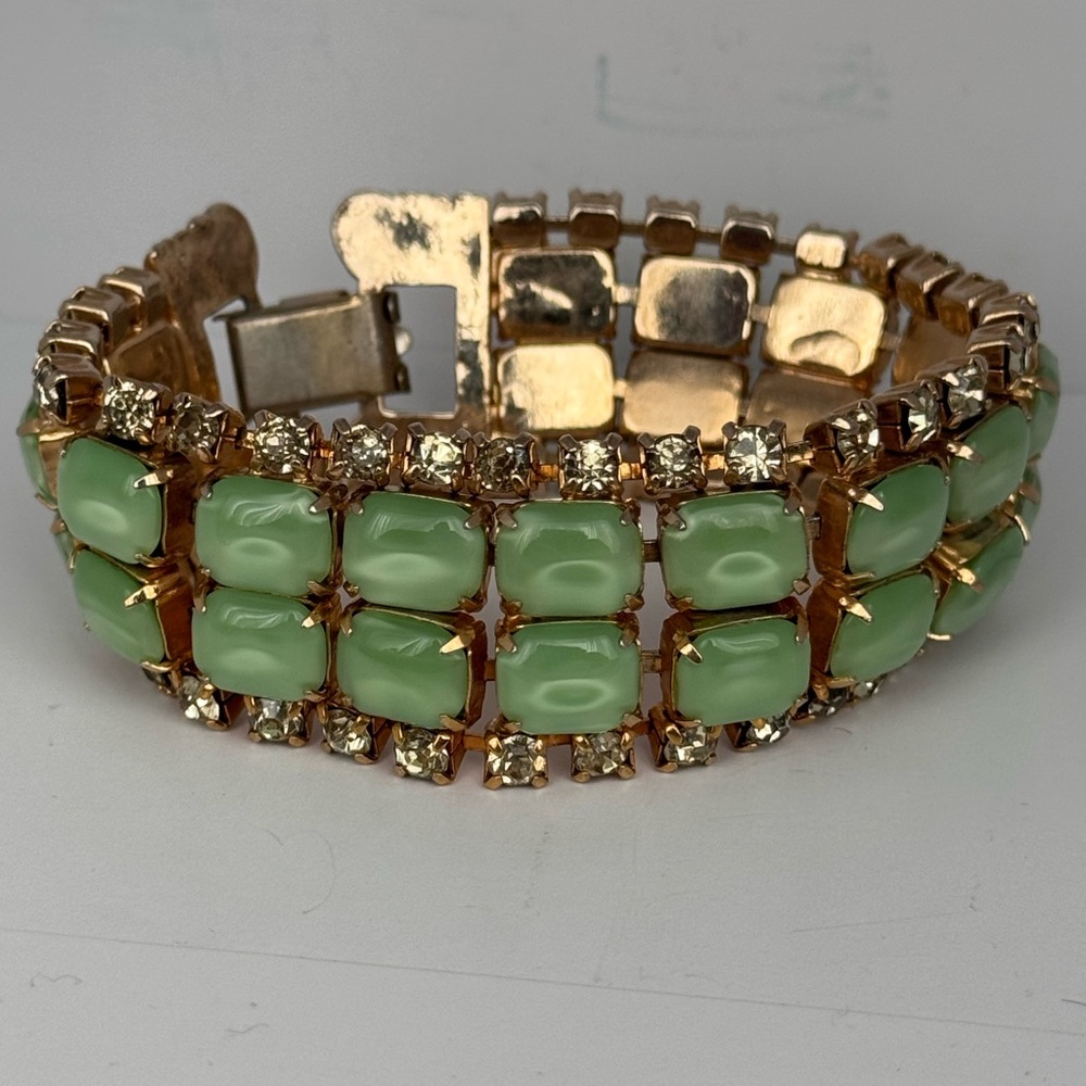 Vintage Bracelet Wide Faux Jade  Rhinestone 1950s unsigned